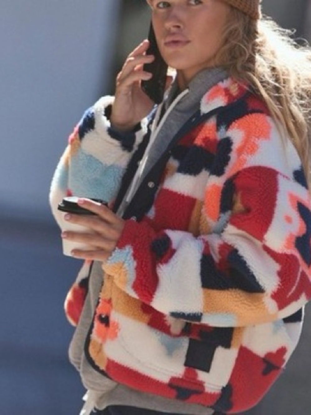 Free People Mountain High Bold Geo Sherpa Fuzzy Jacket in Red & Navy L NWT - Picture 3 of 6